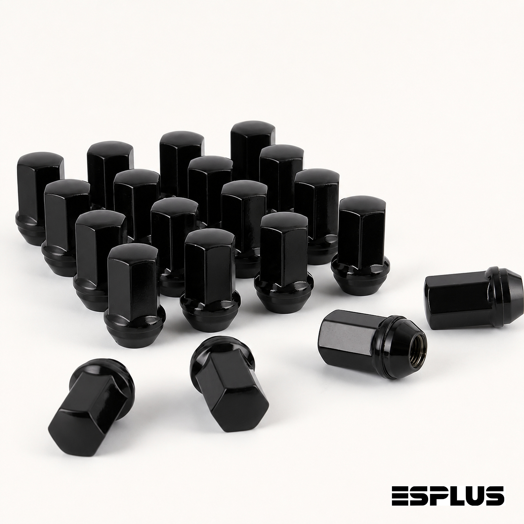 Black closed-end lug nuts, 7/8? hex, M14x1.5 thread, 45 mm tall, OEM cone seat